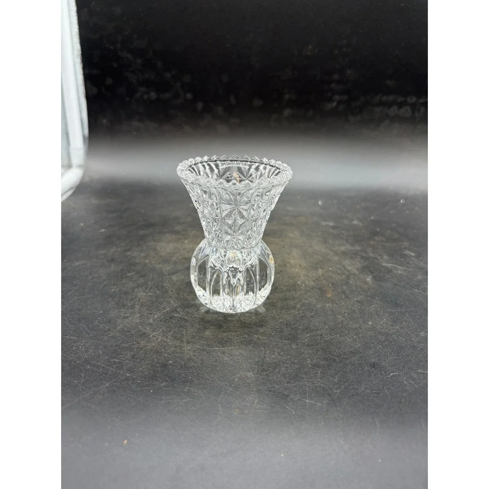 Vintage Cut Glass Bud Vase Clear Crystal Diamond Pattern Scalloped Rim 3.25in